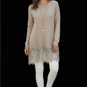 Fleur De Lis CASHMERE Taupe Tunic with French Lace and Rhinestones